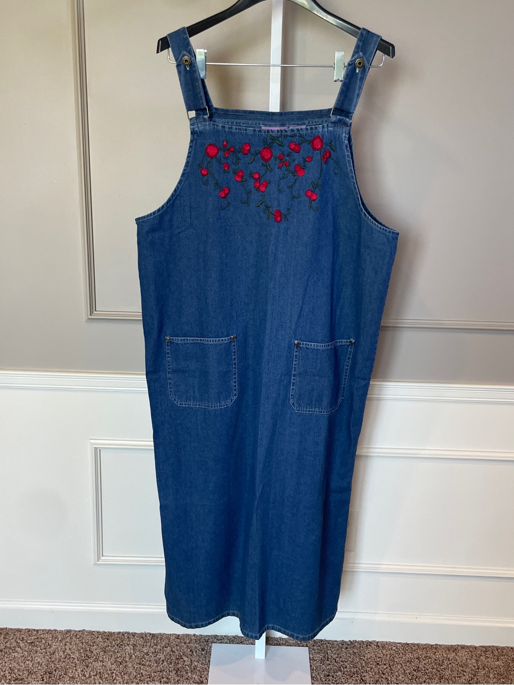 Vintage Premier International Denim Jean Jumper Dress 2x Embroidered Flower
